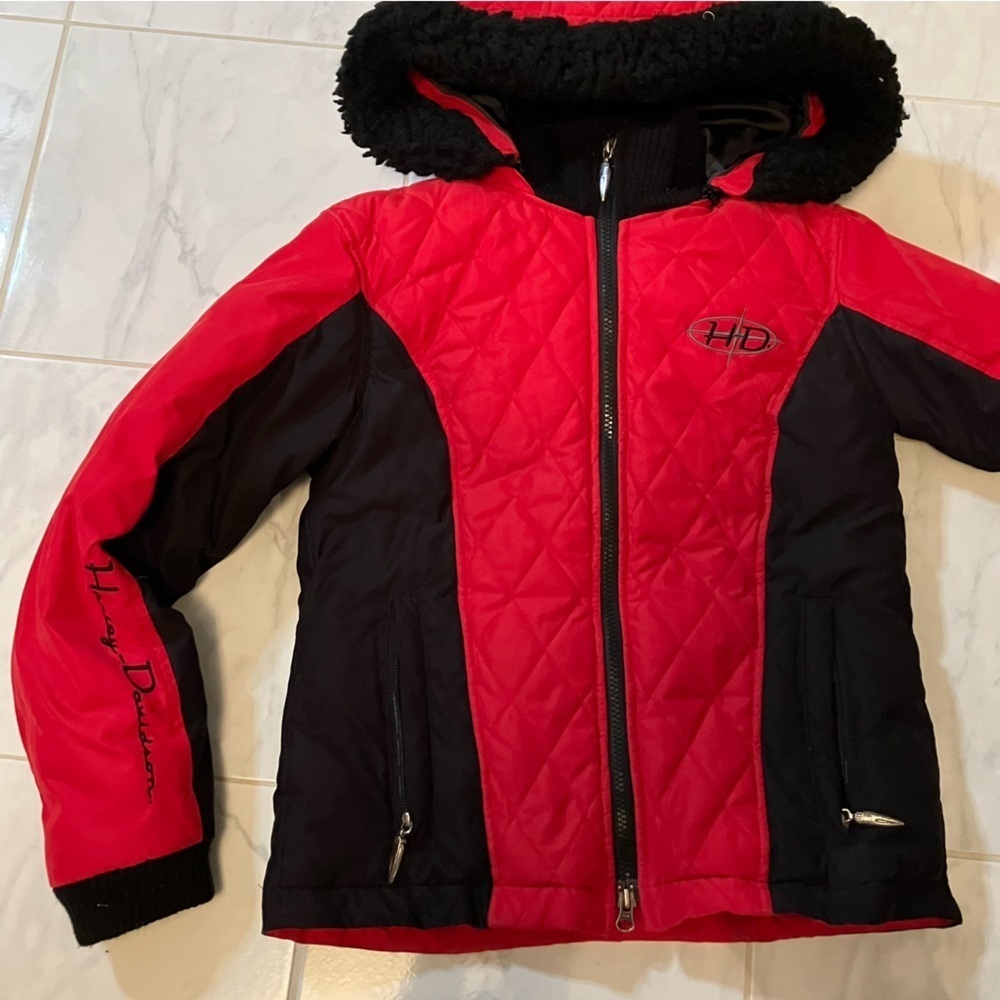Harley Davidson motorcycle red winter jacket with removable hoodie. Down filled